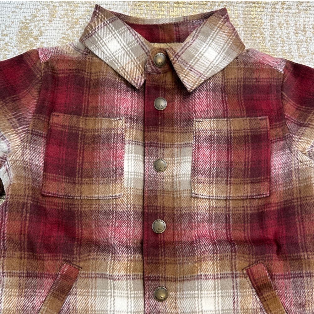 OLD NAVY Toddler Boys Plaid Flannel Sherpa Lined Shacket NWT 3T Burgundy Cream